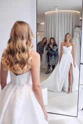 White Pure Satin Sweetheart Wedding Dress Long With Split-27dress